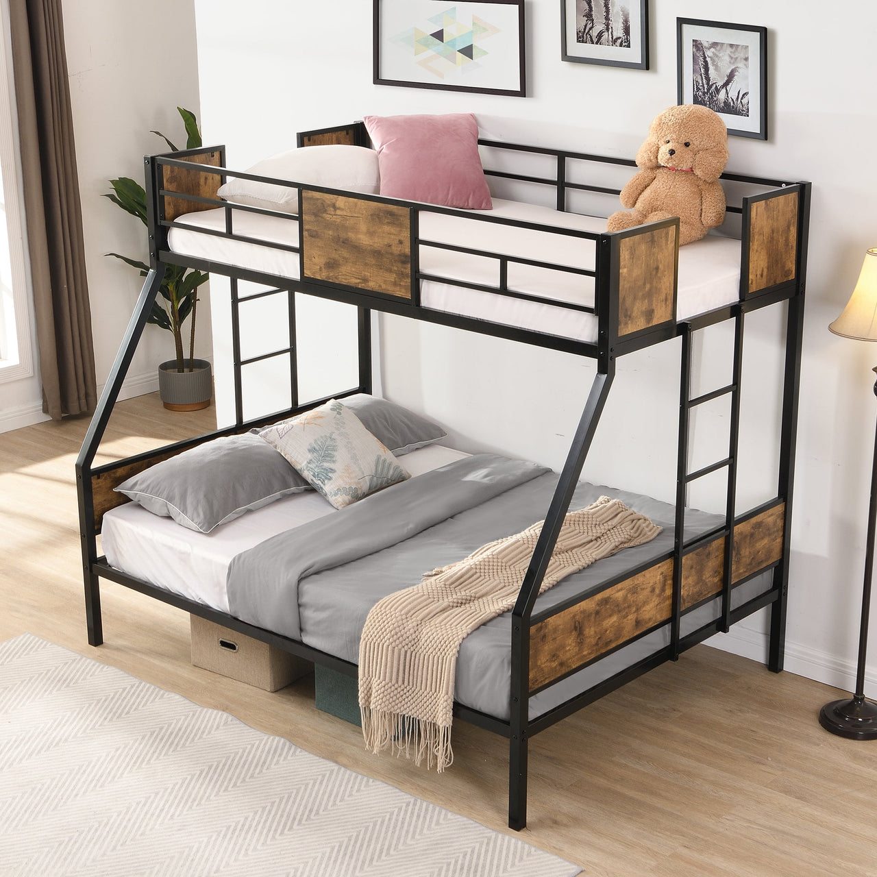 Modern Twin Over Full Metal Bunk Bed with 2-Side Ladder, Full-Length Guardrail, No Box Spring Needed, Black & Brown