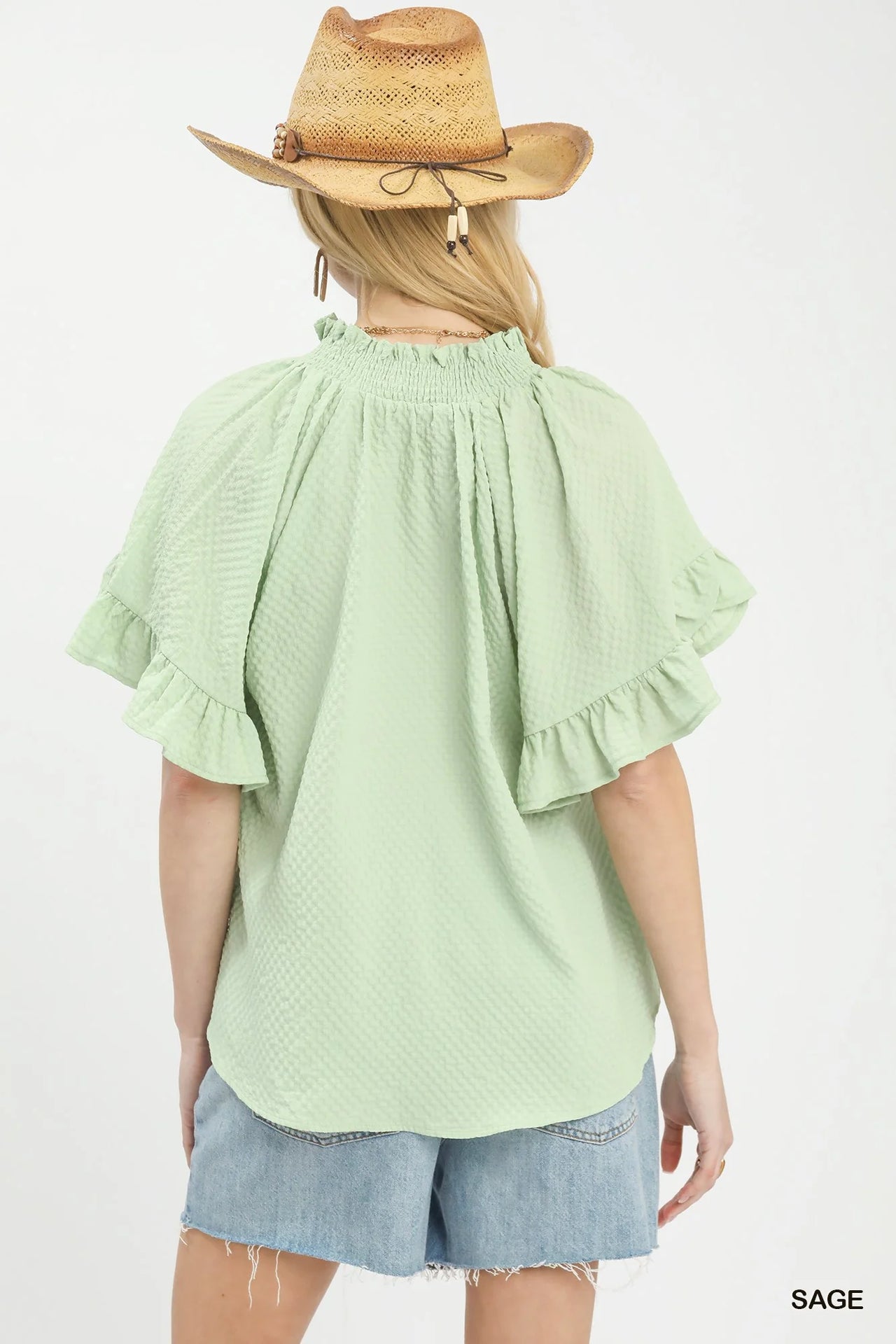 Umgee Textured Ruffle Sleeve Blouse
