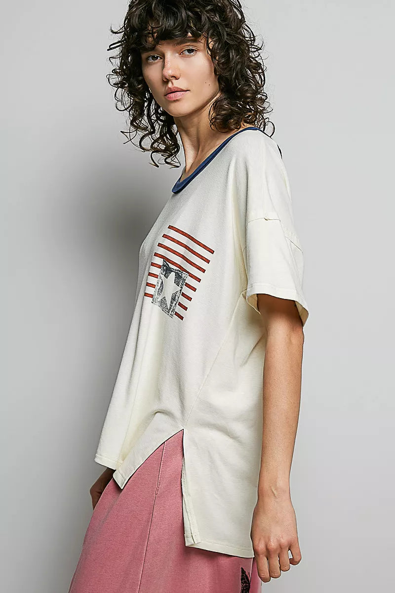POL American Flag Color Block Side Slit Cotton Top