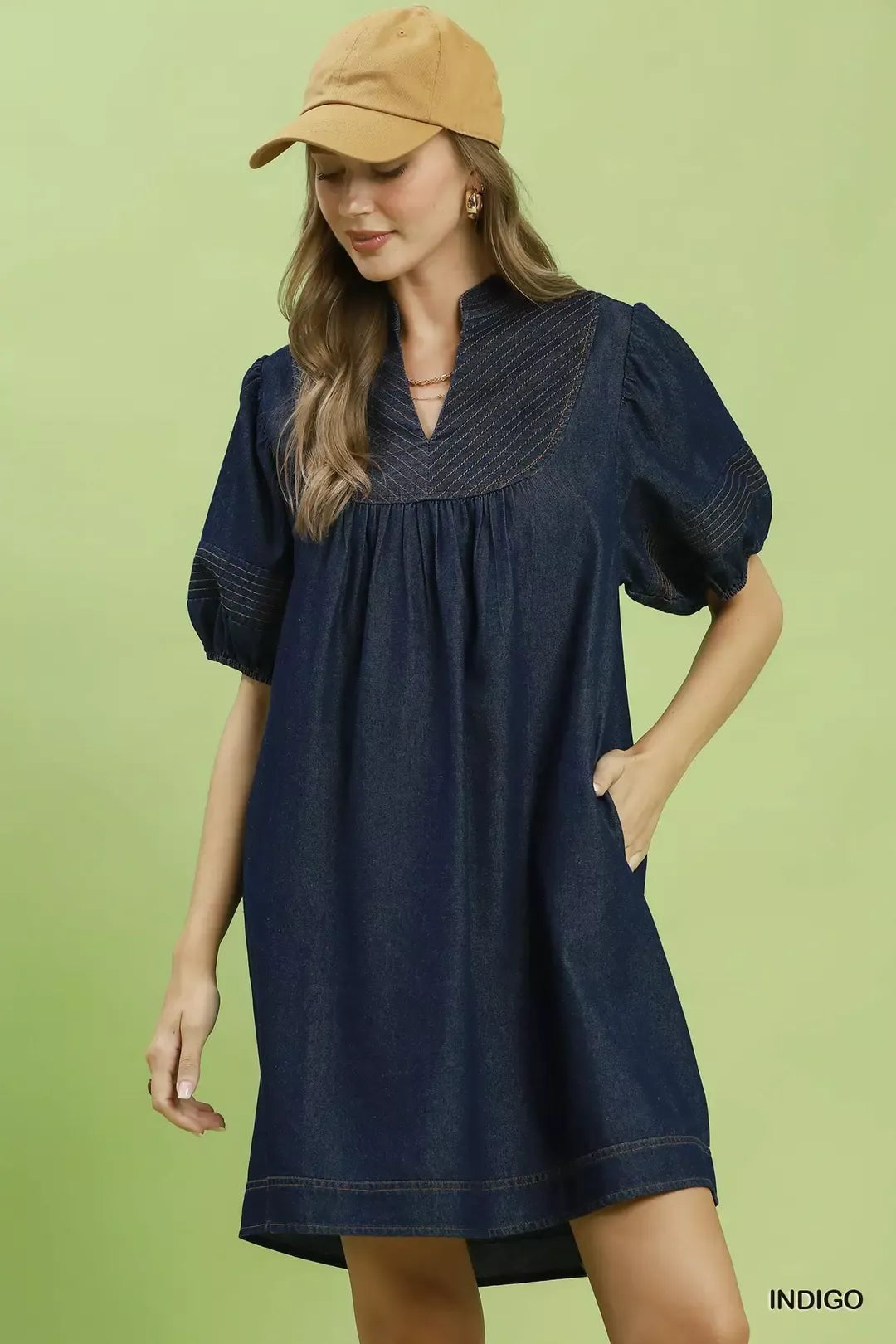Umgee Notched Puff Sleeve Mini Dress with Pockets