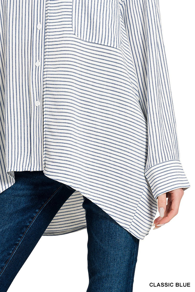 Zenana Woven Stripe Button Down Shirt