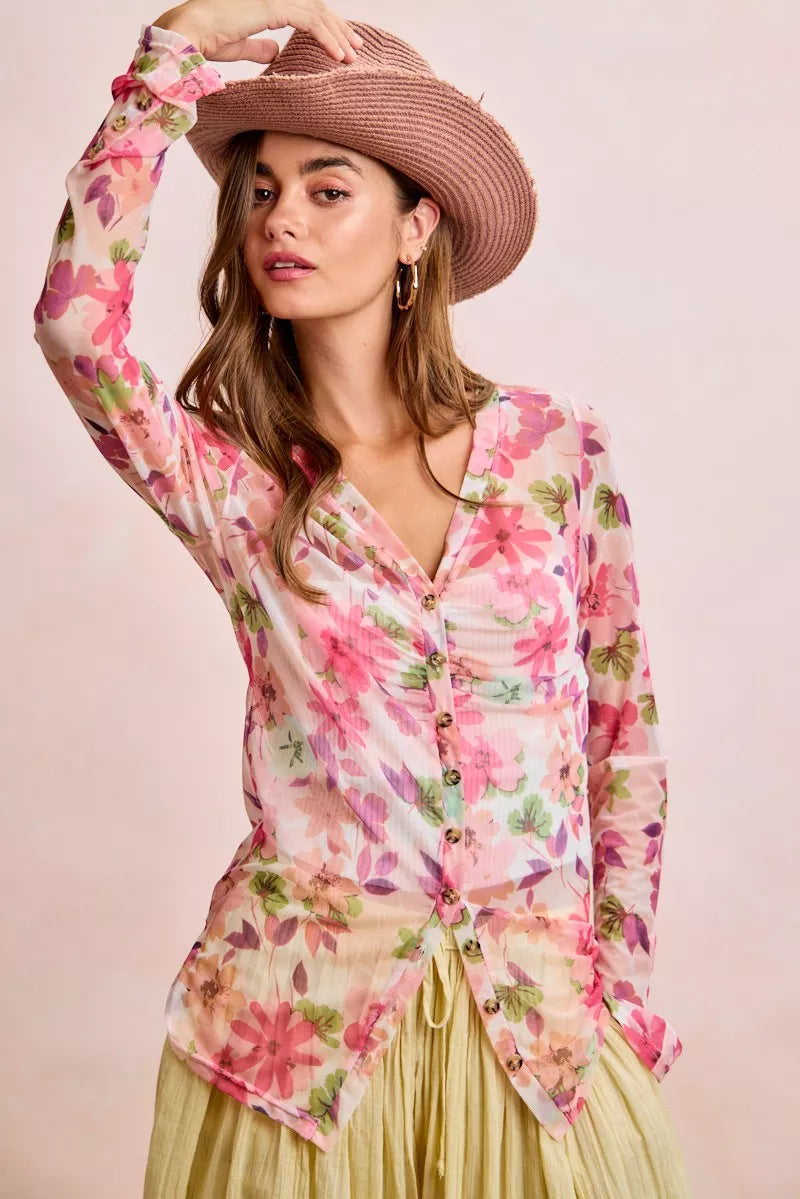 BiBi Floral Shrried Detail Button Up Mesh Cardigan Top