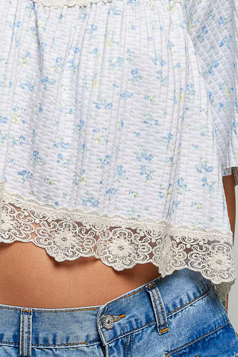 POL Floral Print Lace Trim Blouse