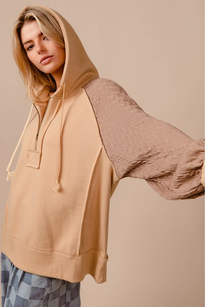 BiBi Half Zip French Terry Hoodie with Kint Sleeves