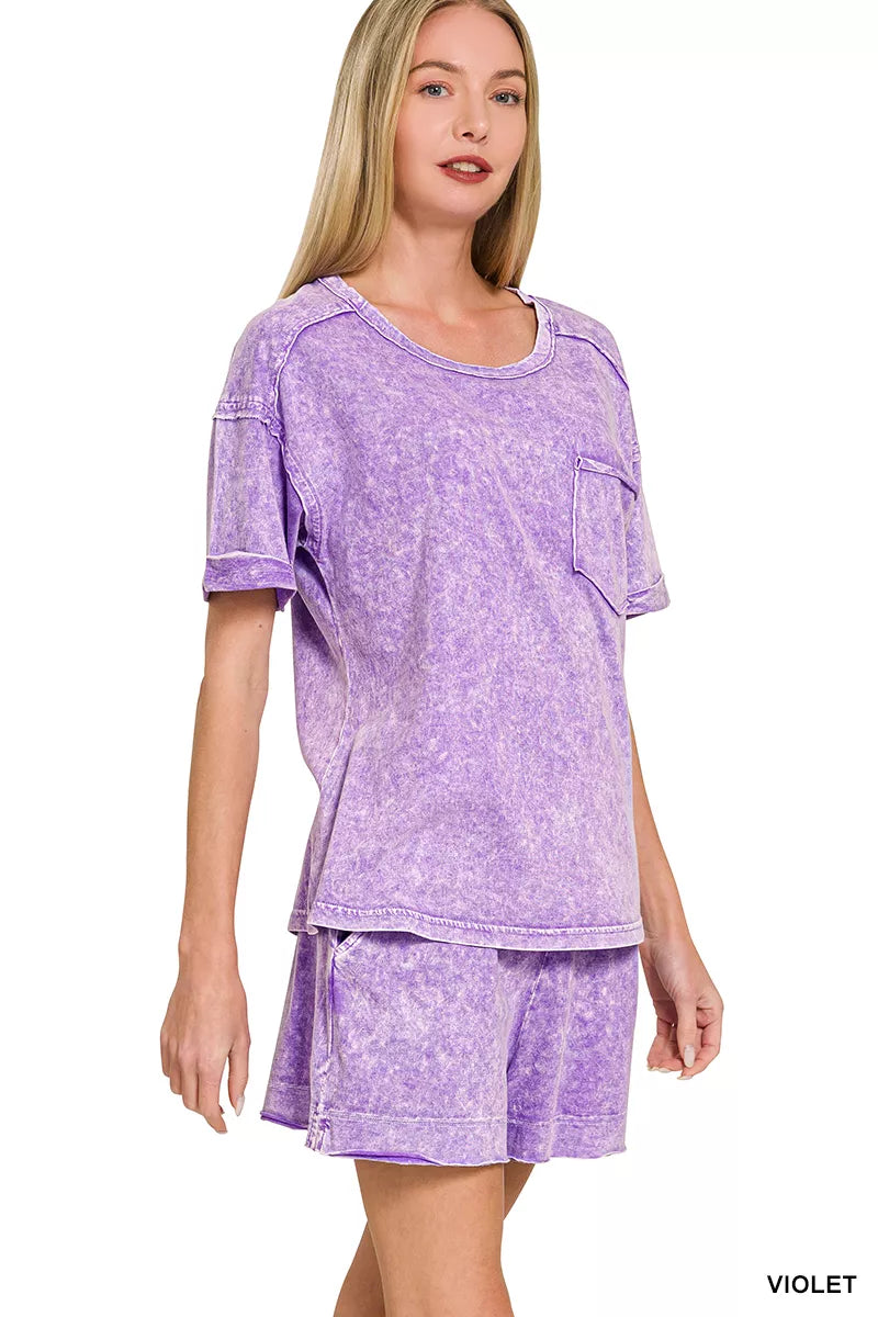 Zenana Halo Snow Washed Exposed Seam Top & Shorts Set