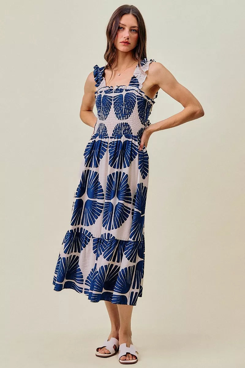 SO ME Abstract Print Smocked Bodice Tiered Lined Midi Dress