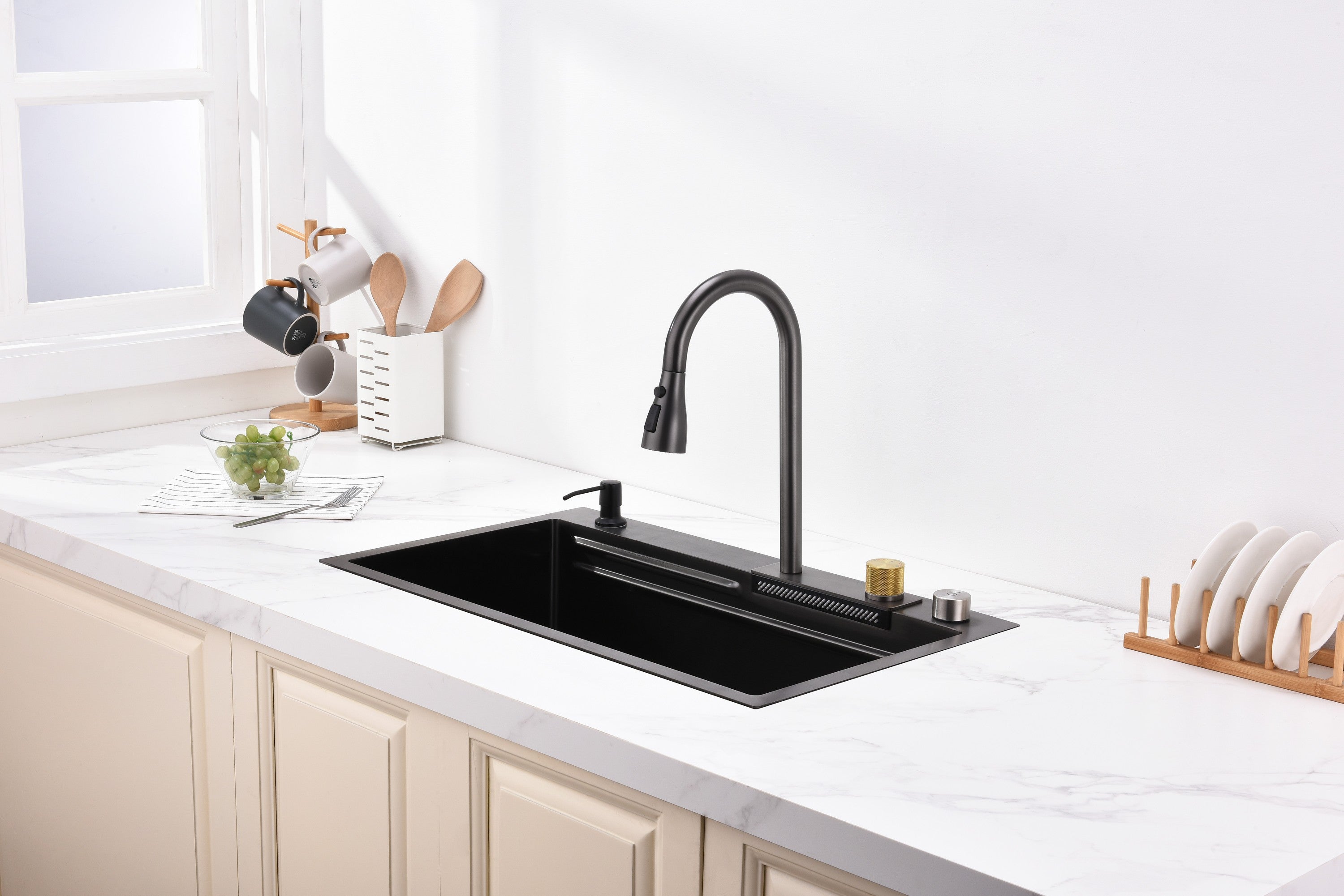 Waterfall Kitchen Sink, Stainless Steel Single Bowl in Black, Multifunctional Workstation with Flying-rain Faucet and Cutting Board, 30×18″ Stainless Steel Single Bowl Sink, LS-SSBL05