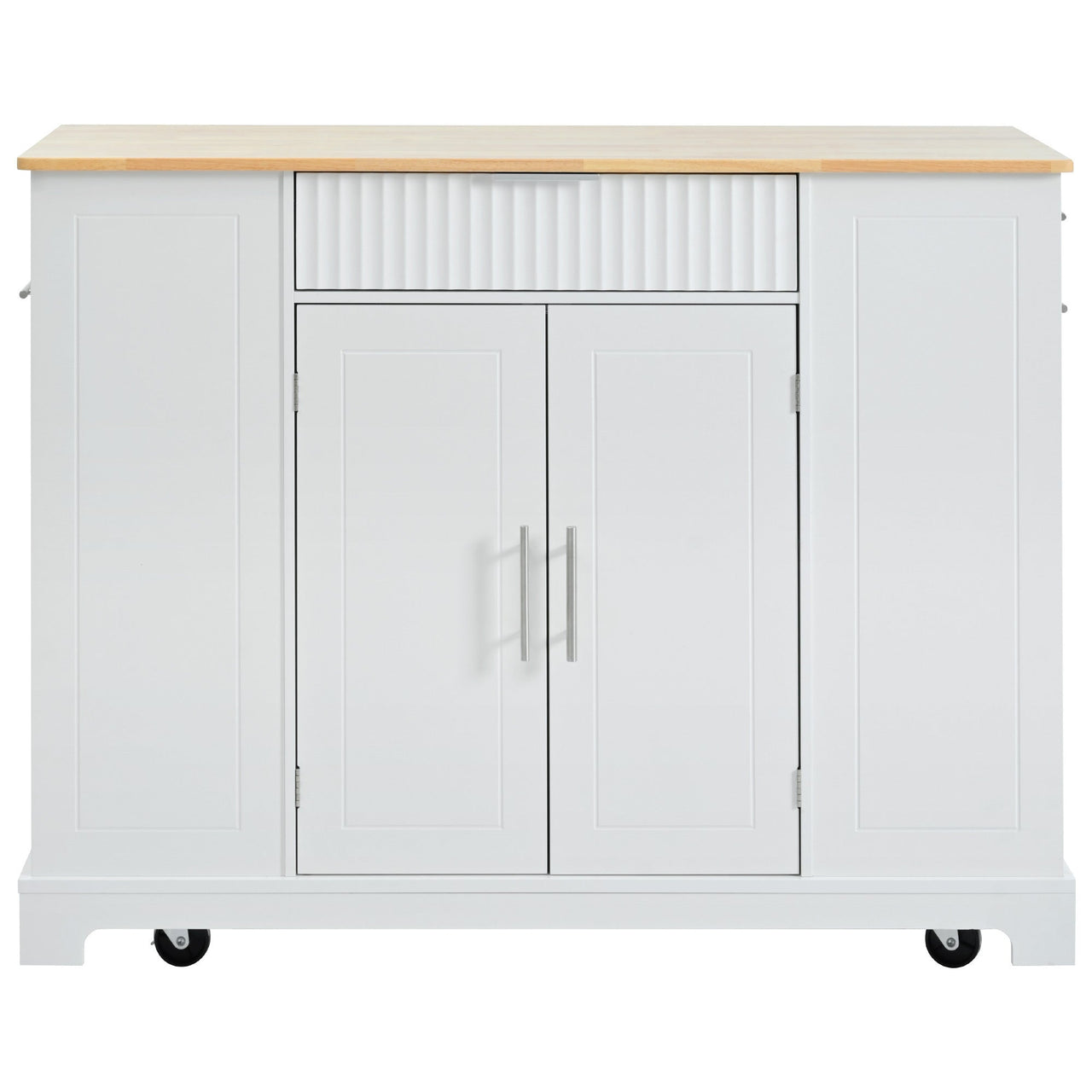 K&K Fluted Kitchen Island with Trash Can Storage Cabinet, Power Outlet, Internal Storage Rack, Rolling Kitchen Islands on 5 Wheels with 3 Drawer, 3 Open Side Racks for 10 Gallon Garbage Bin, White