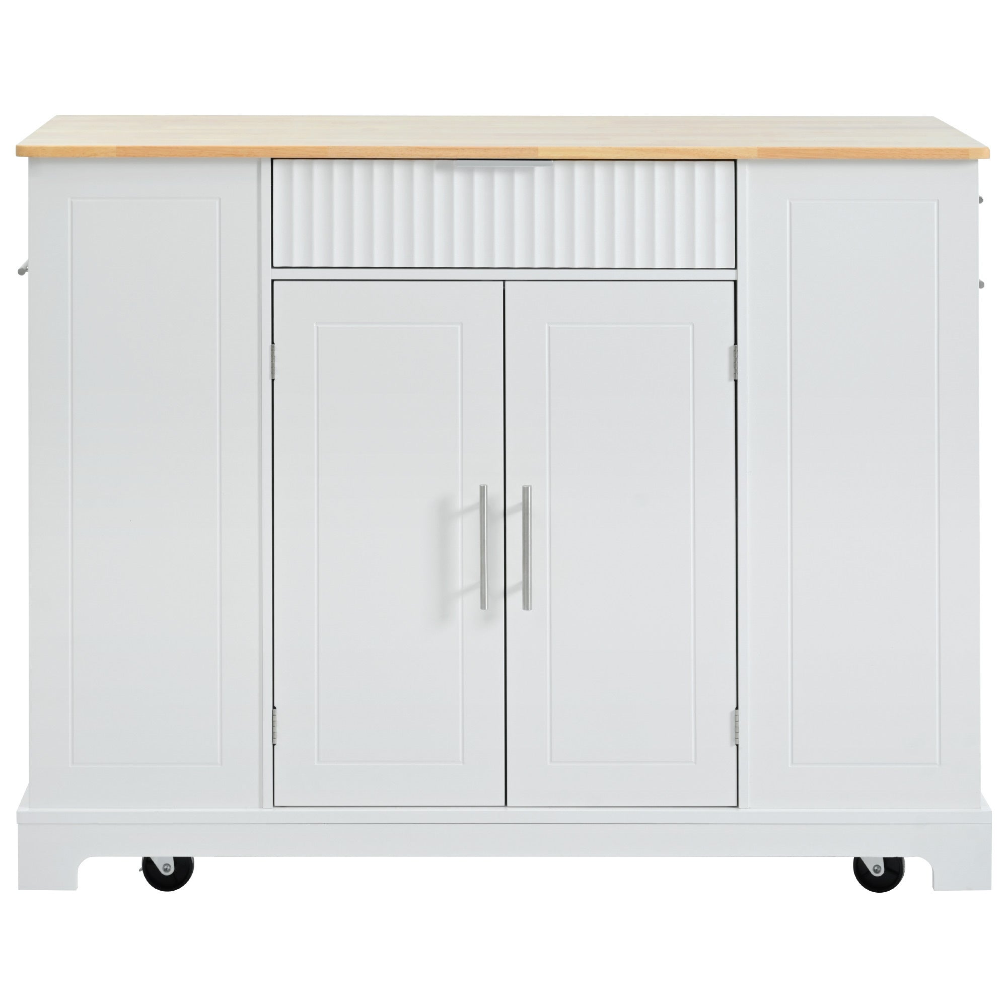 K&K Fluted Kitchen Island with Trash Can Storage Cabinet, Power Outlet, Internal Storage Rack, Rolling Kitchen Islands on 5 Wheels with 3 Drawer, 3 Open Side Racks for 10 Gallon Garbage Bin, White