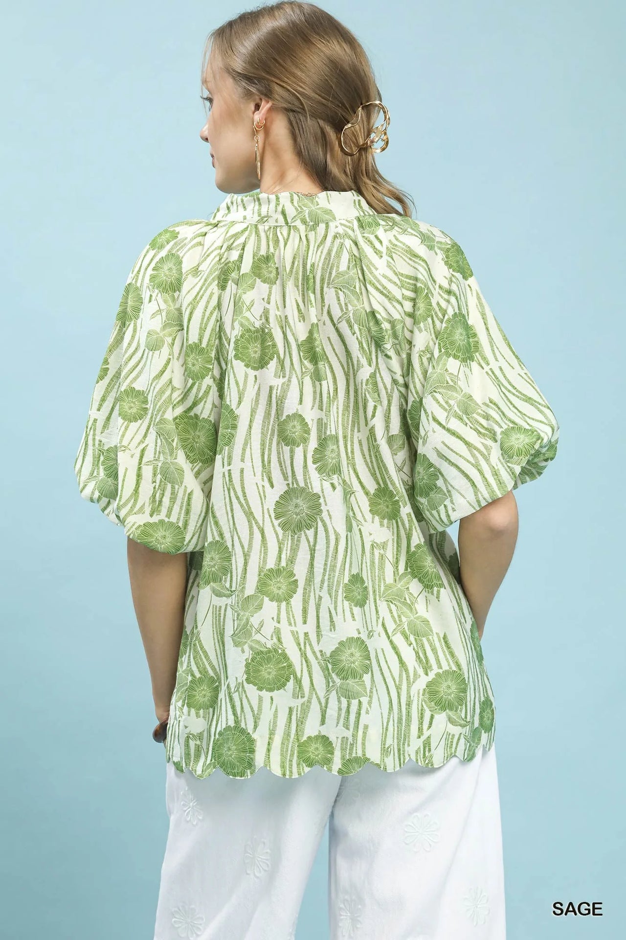 Umgee Floral Scalloped Edge Puff Sleeve Blouse with High-Low Curved Hem