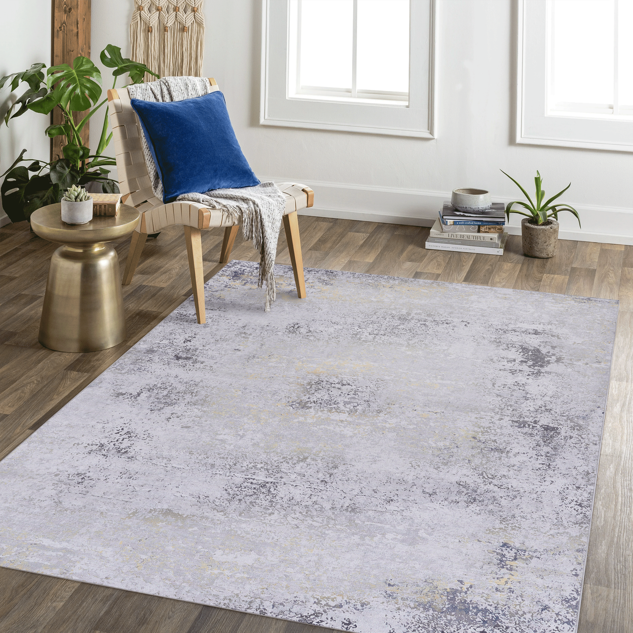 NAAR MAVAL Gold Washable Rug 5x8 Area Rug (Gray+Gold, 5' x 8')