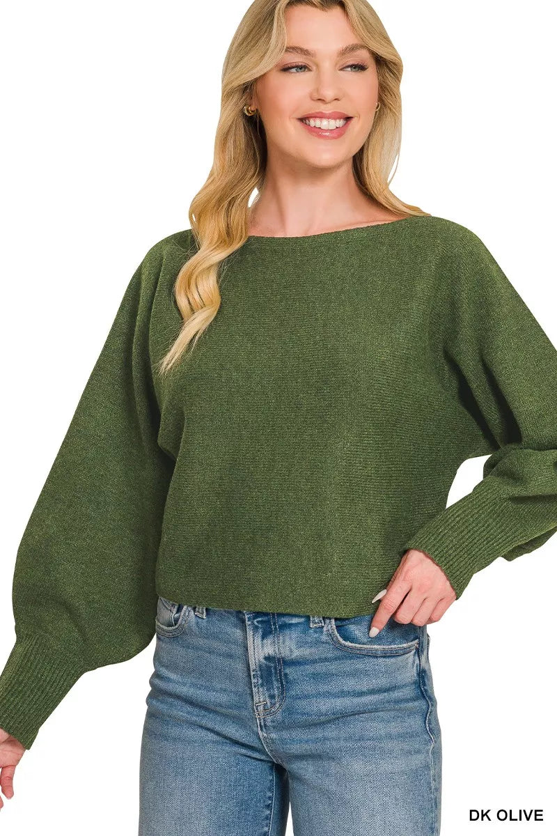 Zenana Boat Neck Balloon Sleeve Sweater
