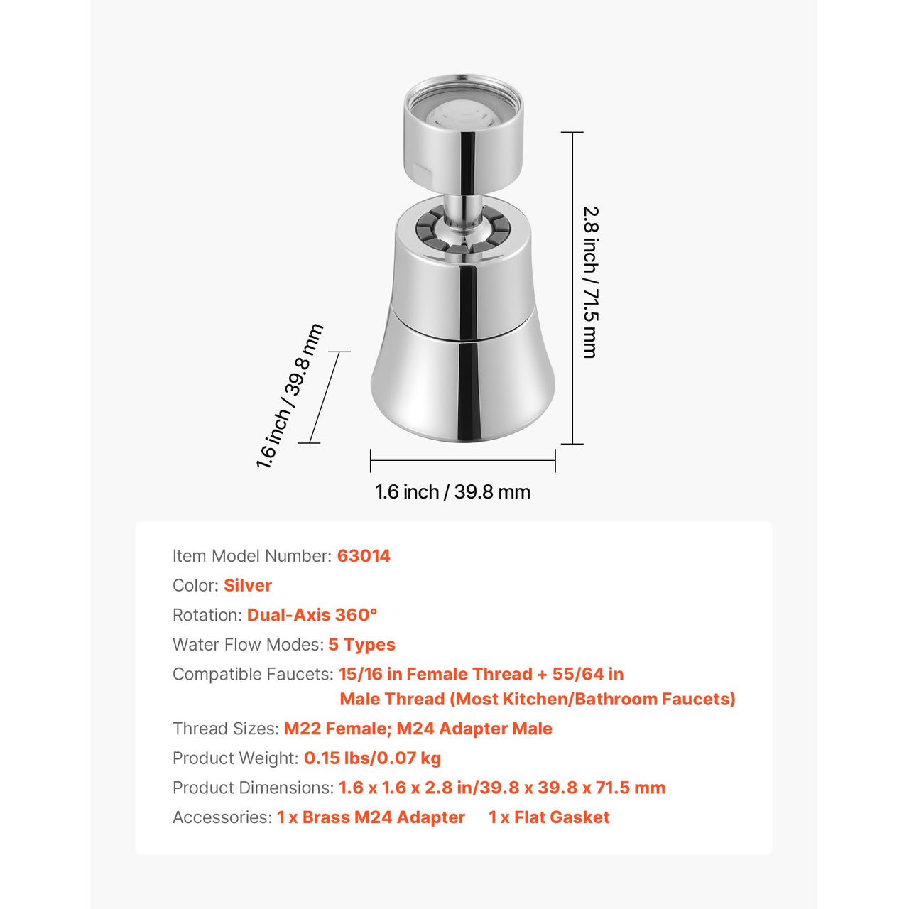 Faucet Aerator 360° Swivel Kitchen Sink Aerator 5-Flow Sprayer Brass Adapter