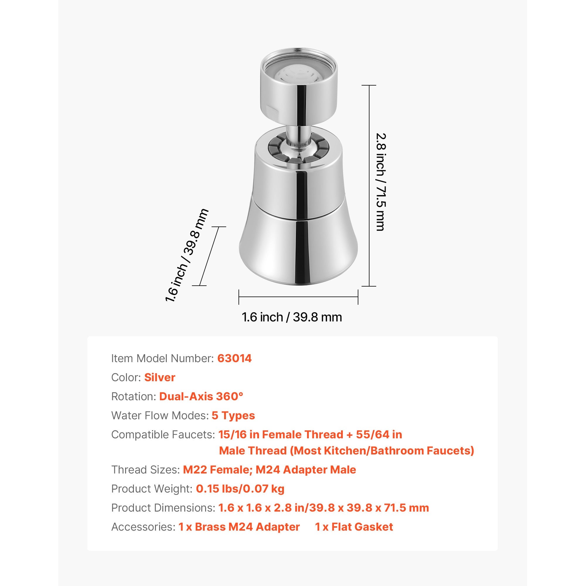 Faucet Aerator 360° Swivel Kitchen Sink Aerator 5-Flow Sprayer Brass Adapter