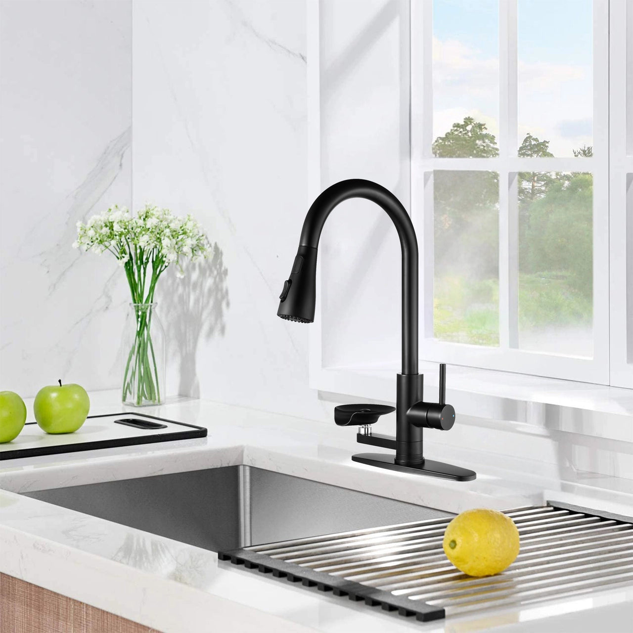 3-in-1 Matte Black Kitchen Faucet with LED Temperature Display, Press-Type Glass Rinser, Pull-Down Sprayer, 3 Spray Modes