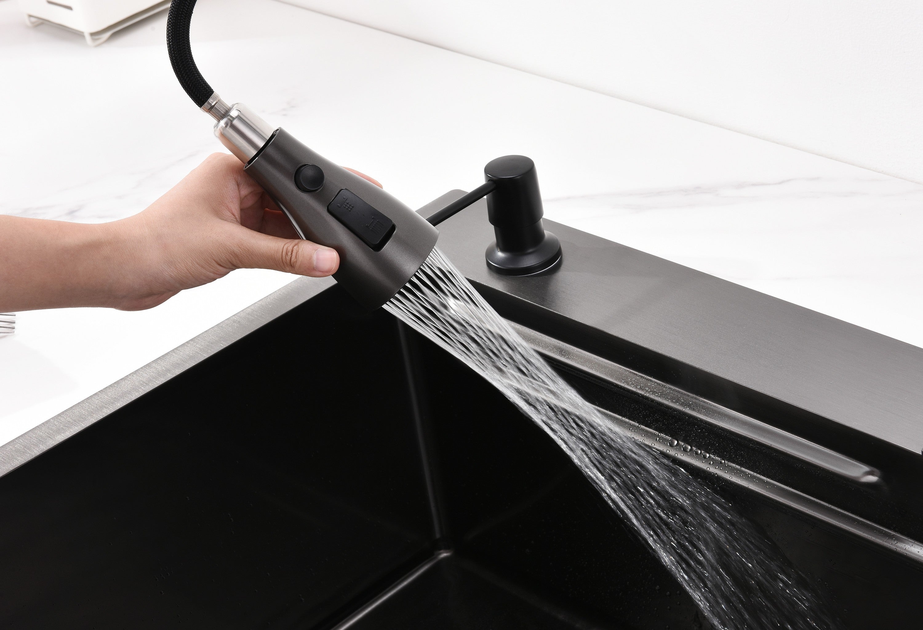 Waterfall Kitchen Sink, Stainless Steel Single Bowl in Black, Multifunctional Workstation with Flying-rain Faucet and Cutting Board, 30×18″ Stainless Steel Single Bowl Sink, LS-SSBL05