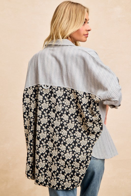 BiBi Stripes Jacquard Floral Mix And Match Shirt Top