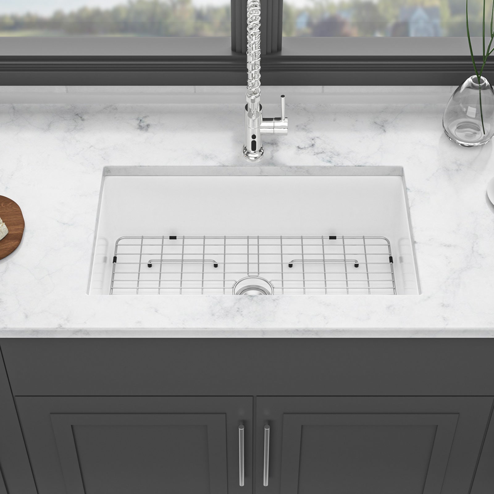 White Fireclay Rectangular Deep Single Bowl Sink 32x19x10 Inch Undermount Top Mount Porcelain Kitchen Sink