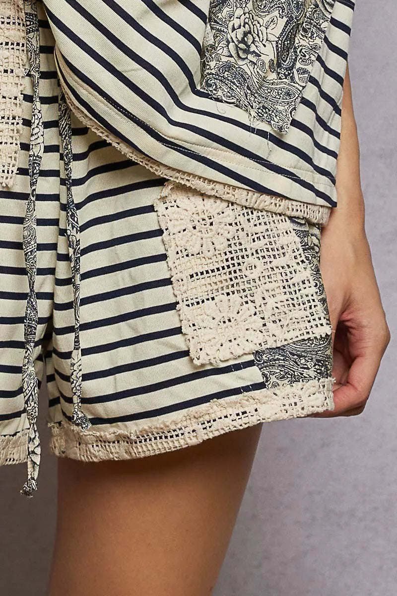 POL Drawstring Striped Shorts with Paisley and Crochet Patch Details