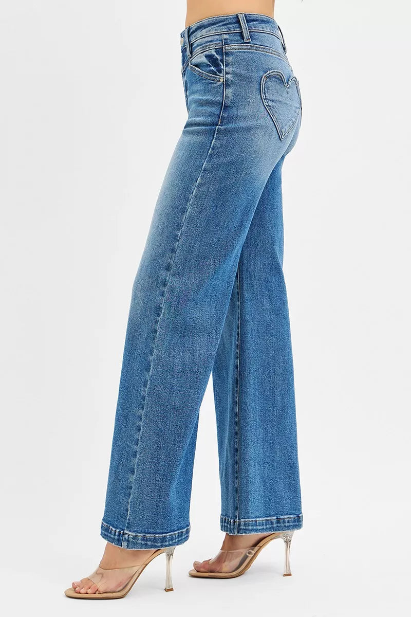 RISEN High Rise Wide Leg Jeans with Front Yoke and Heart Back Pocket