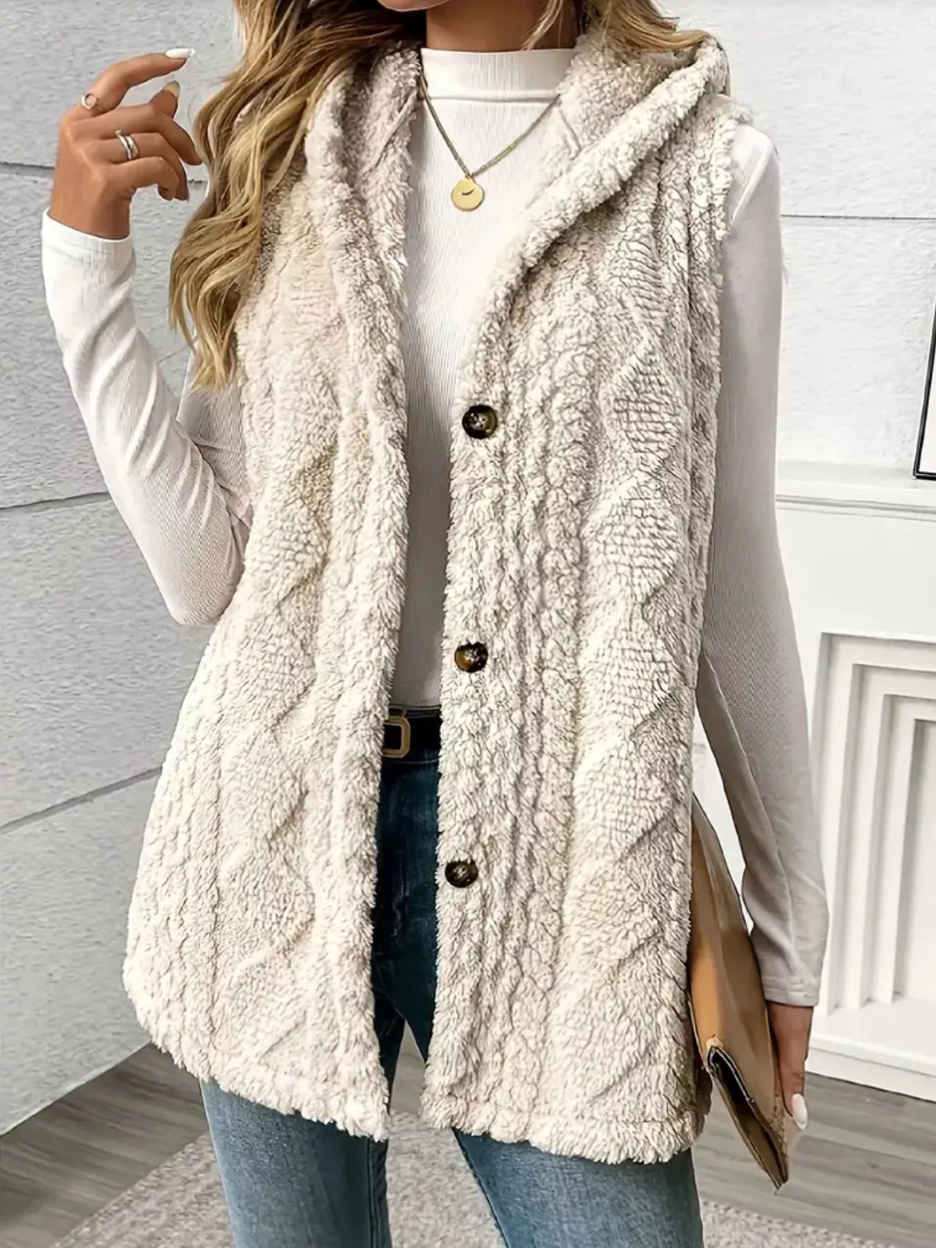 Button-Down Sherpa Hooded Vest Coat