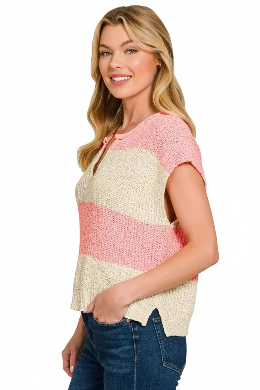 Zenana Split Neck Sleeveless Stripe Sweater