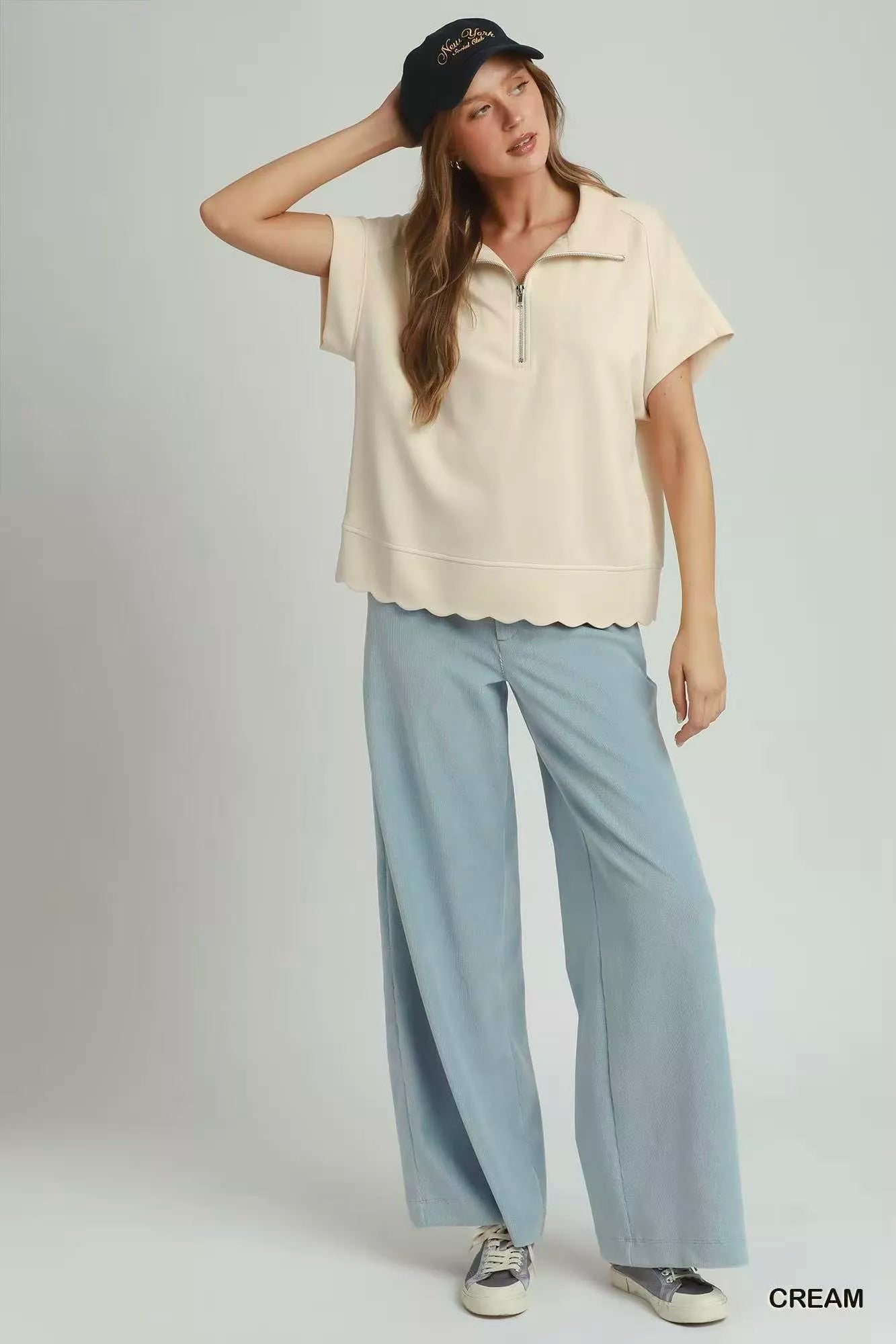 Umgee Half Zip Pullover with Scalloped Edge Hem