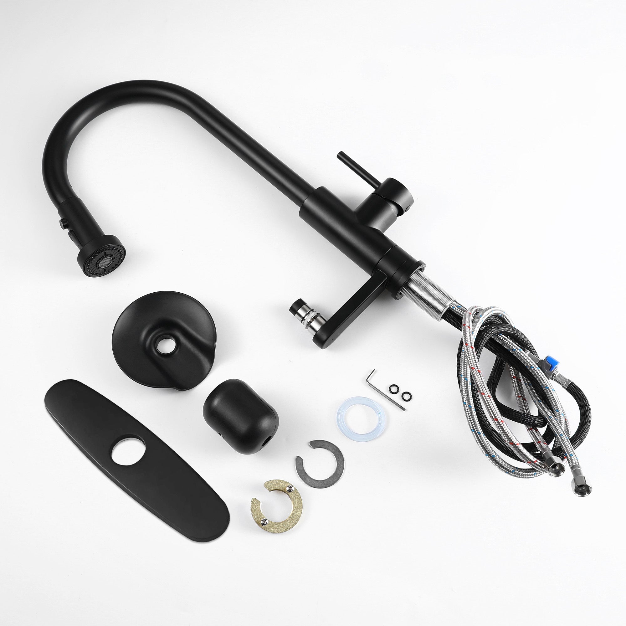 3-in-1 High-Arc Kitchen Faucet with Press-Type Glass Rinser, Pull-Down Sprayer, Matte Black Finish, Stainless Steel & ABS Construction, for Modern Sink