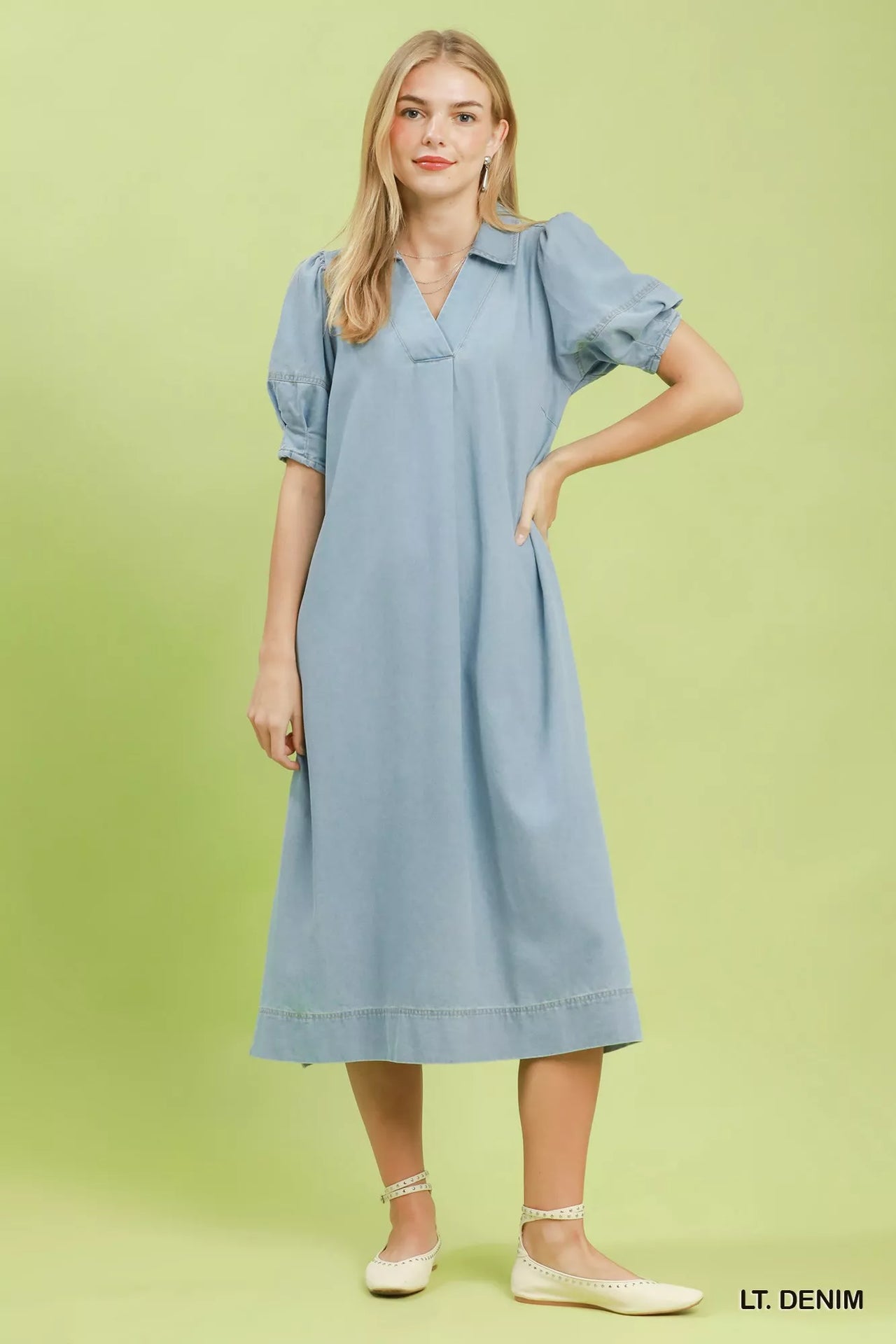 Umgee Chambray Collared Puff Sleeve Dress