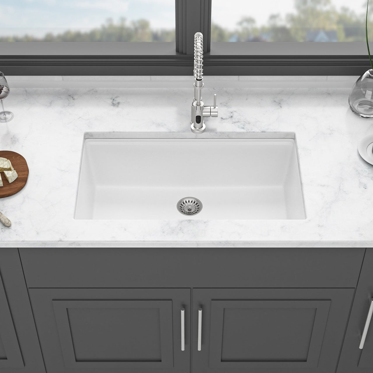 Quartz Kitchen Sink - Workstation Undermount Sink in White Granite Composite, 30' x 19'