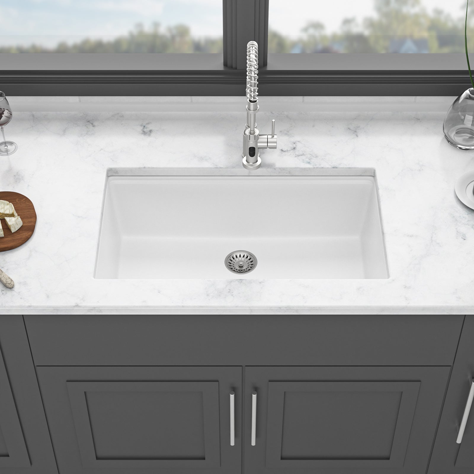 Quartz Kitchen Sink - 33' x 19' White Granite Composite Workstation Undermount Kitchen Sink