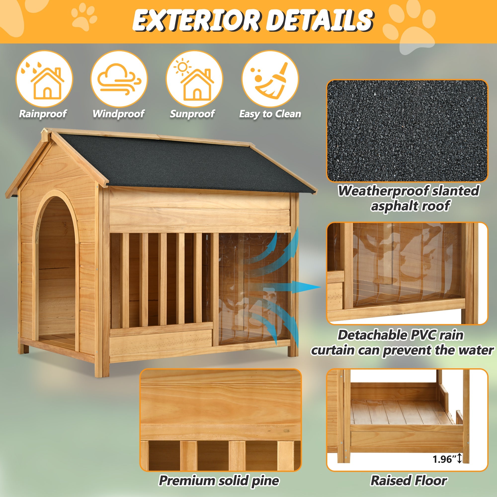 60.2' Large Outdoor Dog House with Insulated Liner for Winter Waterproof Dog Kennel for Medium & Large Dogs, Dog House with Porch and Asphalt Roof and Elevated Floor, Nature