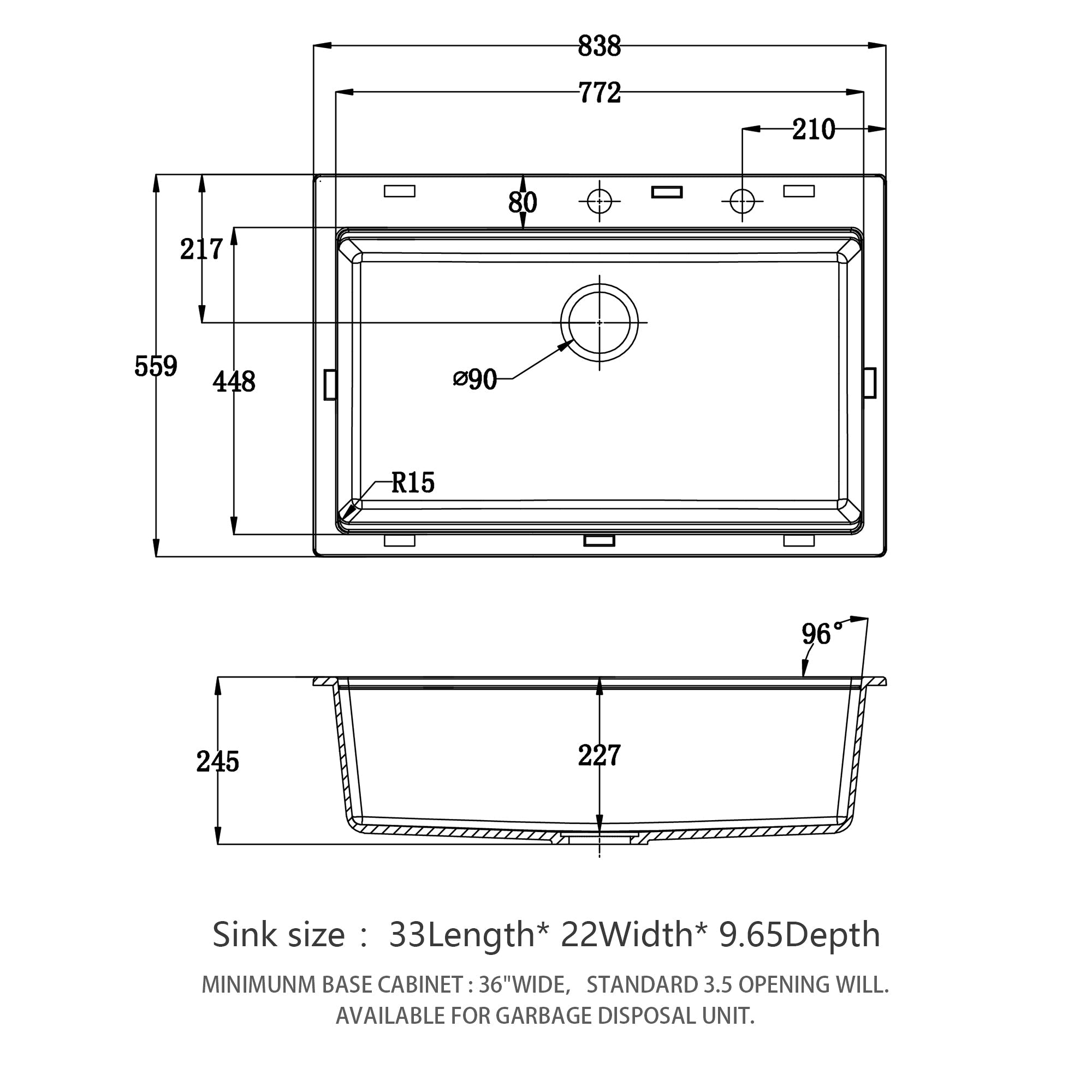 33 x 22 Inches White Granite Composite Quartz Kitchen Sink with Workstation Features and Drop-In Design