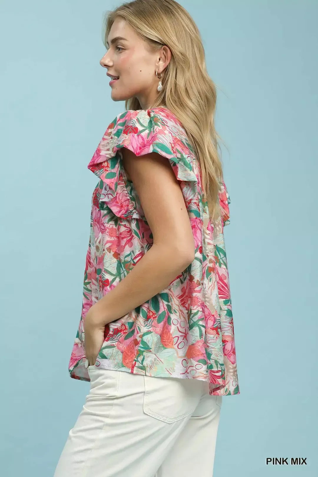Umgee Mix Tropical Print Blouse with Ruffle Cap Sleeves