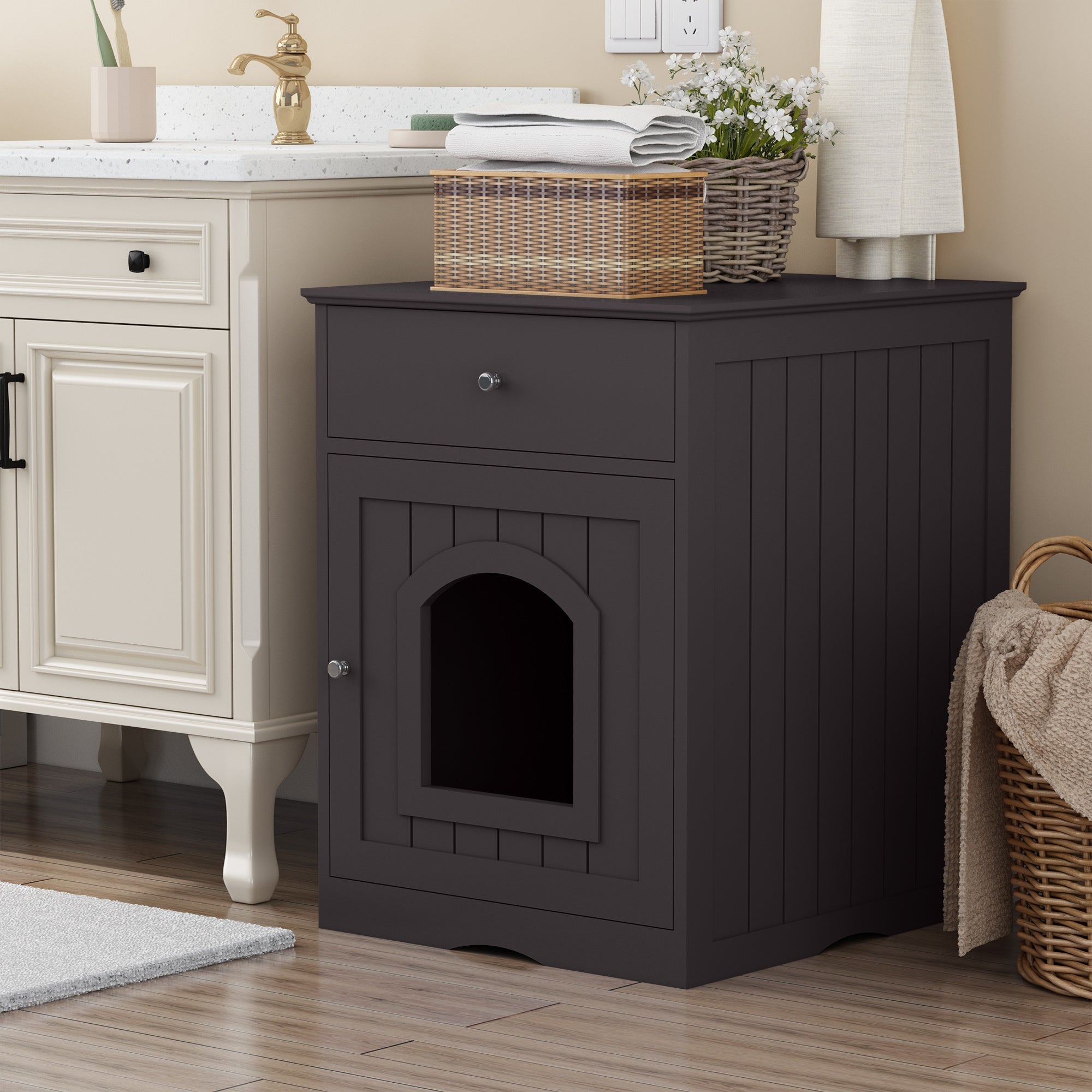 Brown Wooden Pet House Cat Litter Box Enclosure with Drawer, Side Table, Indoor Pet Crate, Cat Home Nightstand