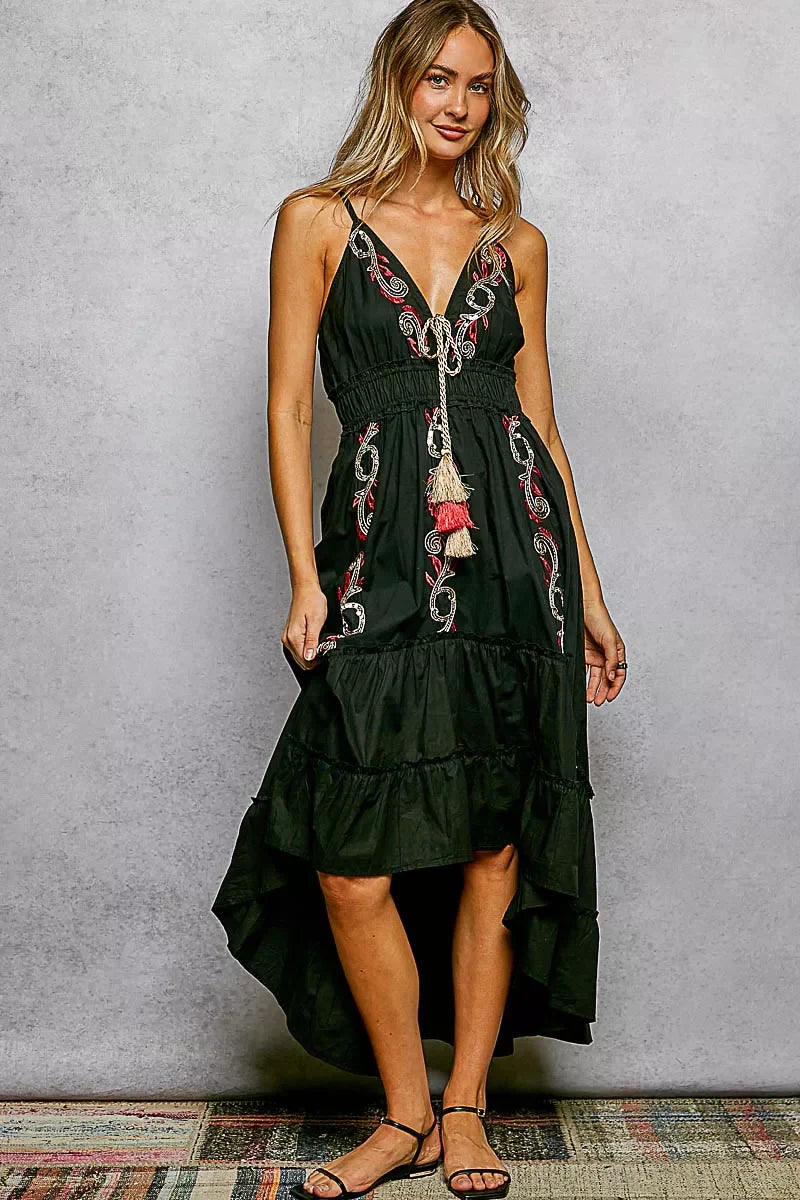 POL Embroidered Detail Tassel Tie Smocked Waist Midi Tiered Cami Dress