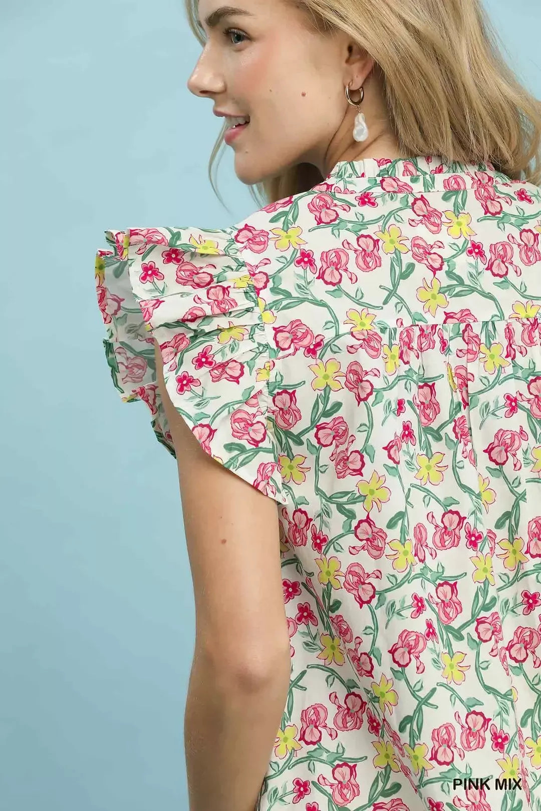 Umgee Floral Print Ruffle  Cap Sleeve Shirt