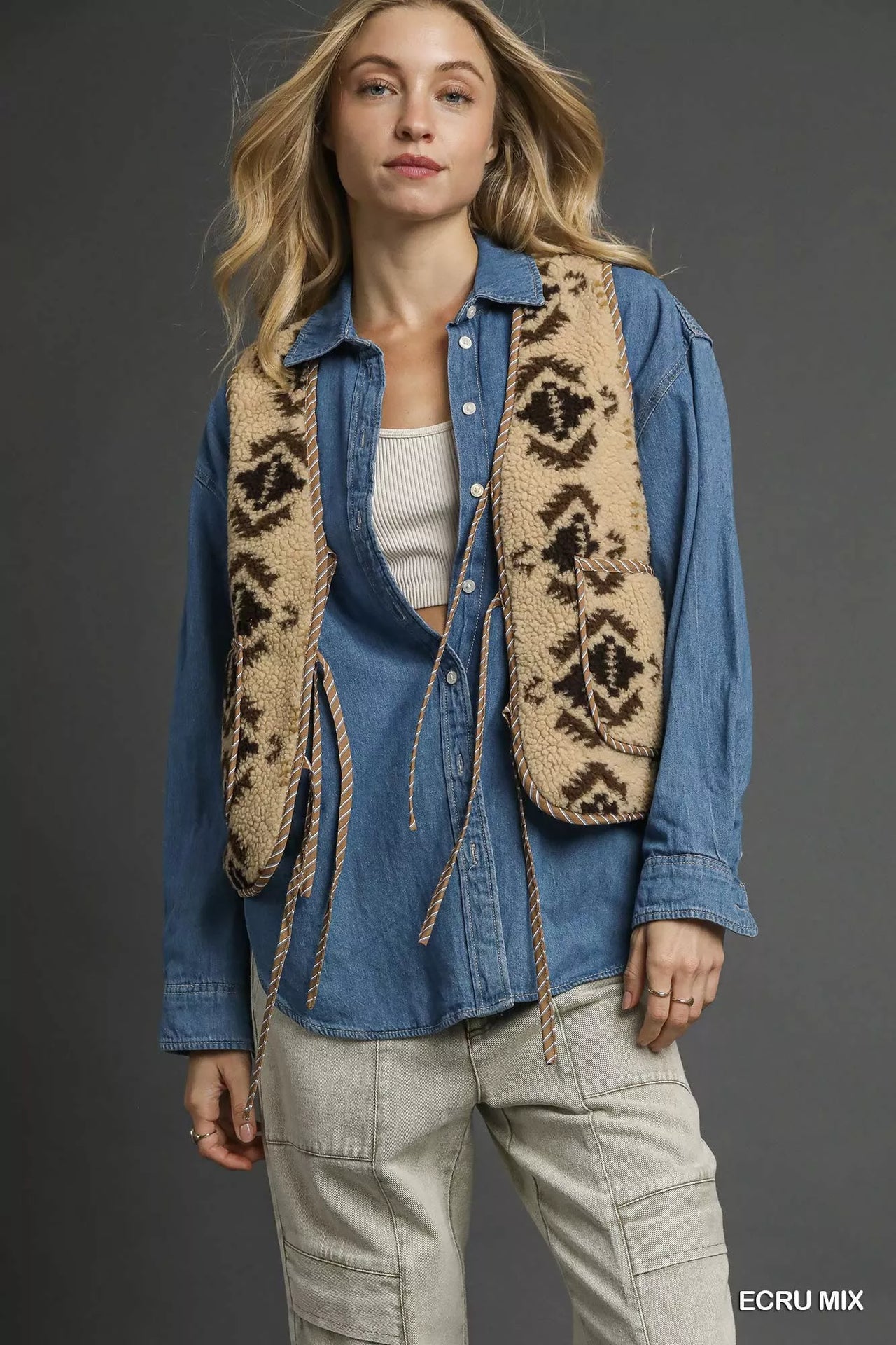 Umgee Mix Patterned Sherpa Tie-Front Vest