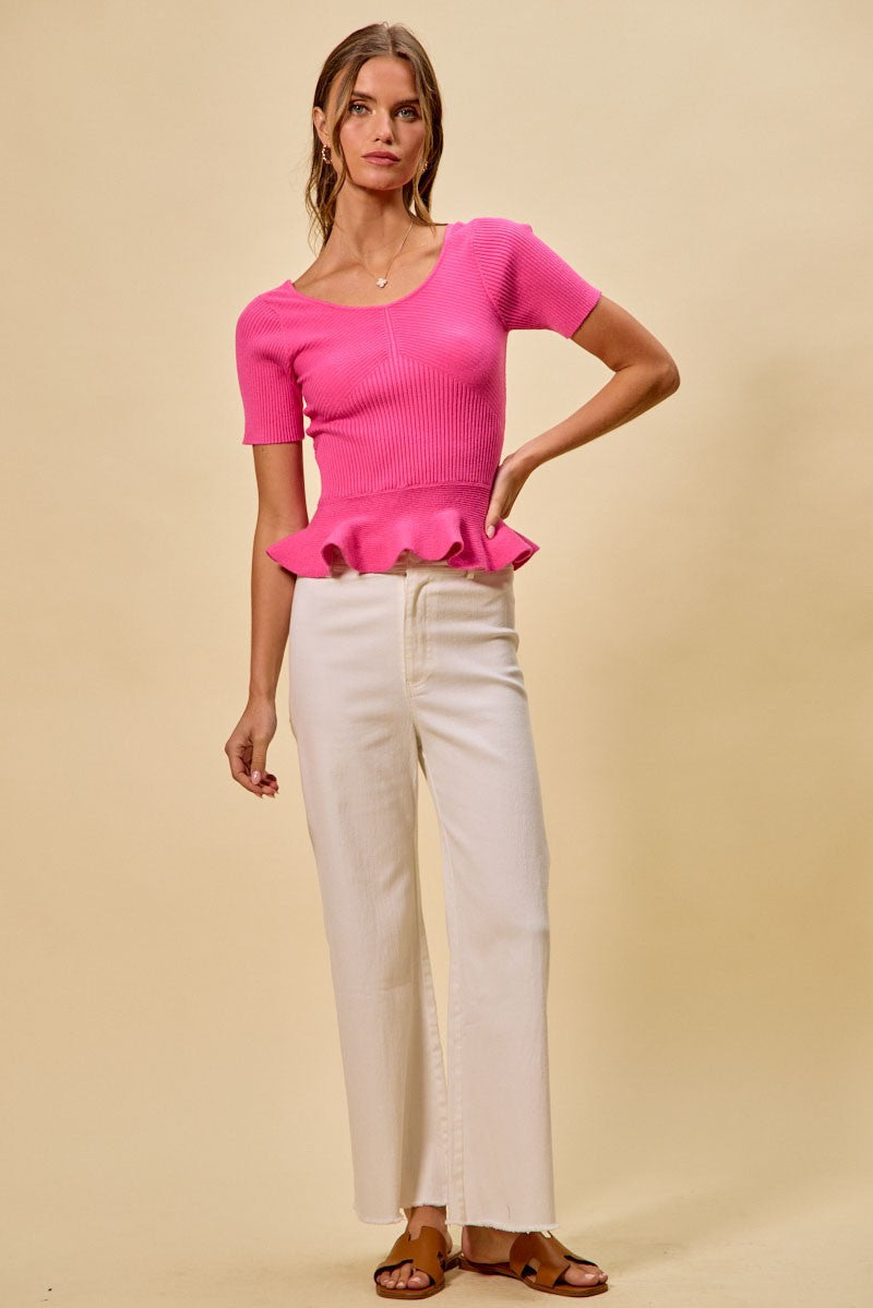 SO ME Ribbed Knit Short Sleeves Peplum Sweater Top