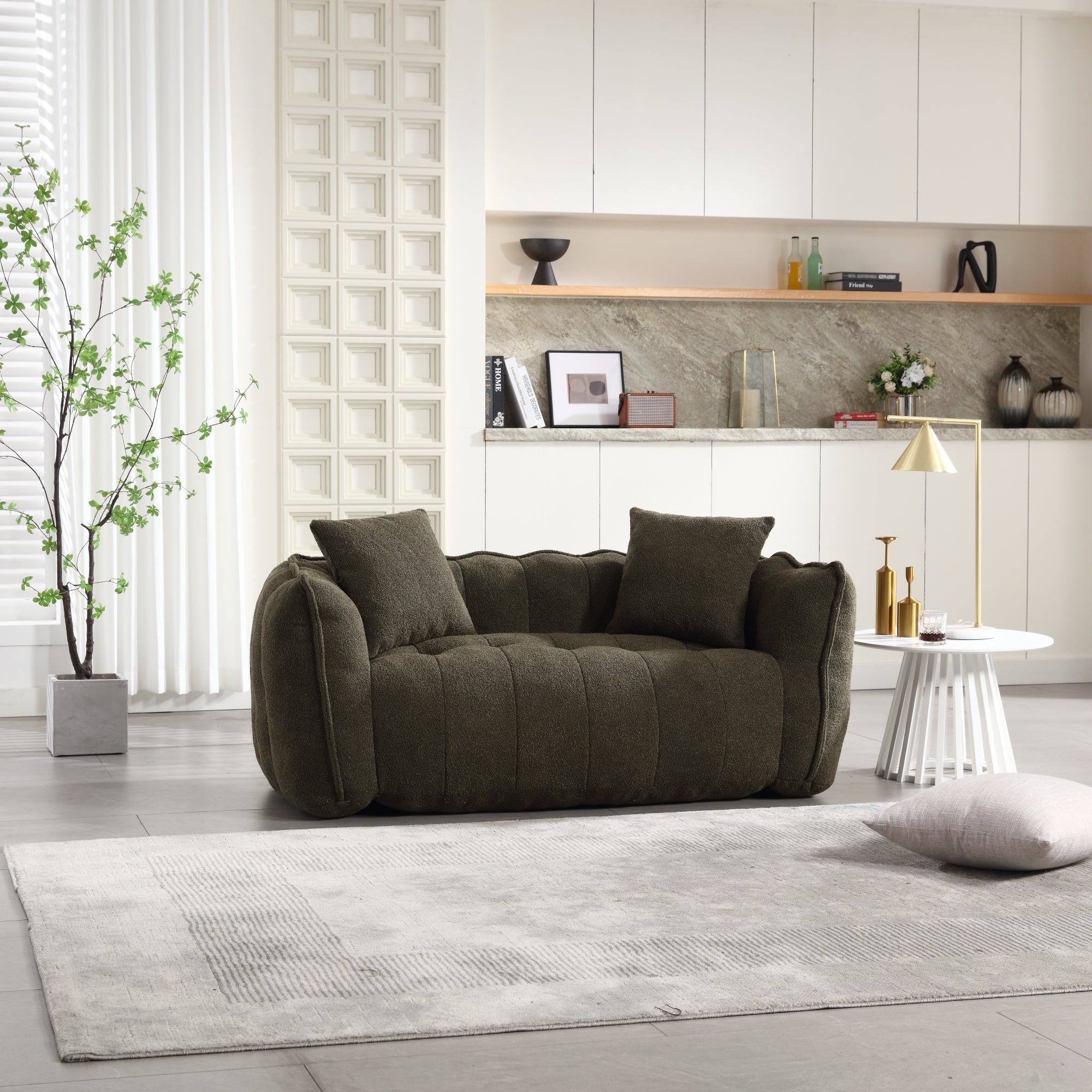 Cozy Beanbag Chair with High Resilience Foam Core for Two - Olive Green Chenille, 66x35x25 inches