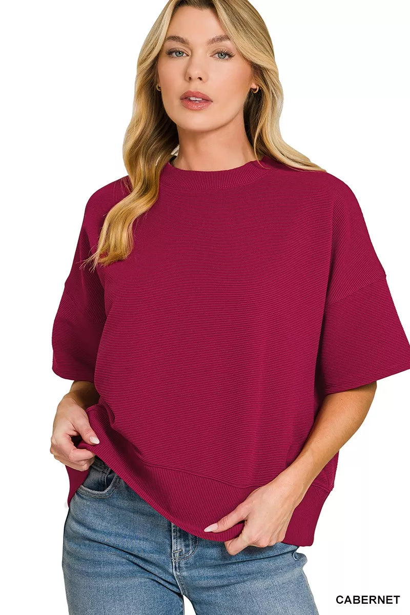 Zenana Ribbed Round Neck Waist Banded T-Shirt