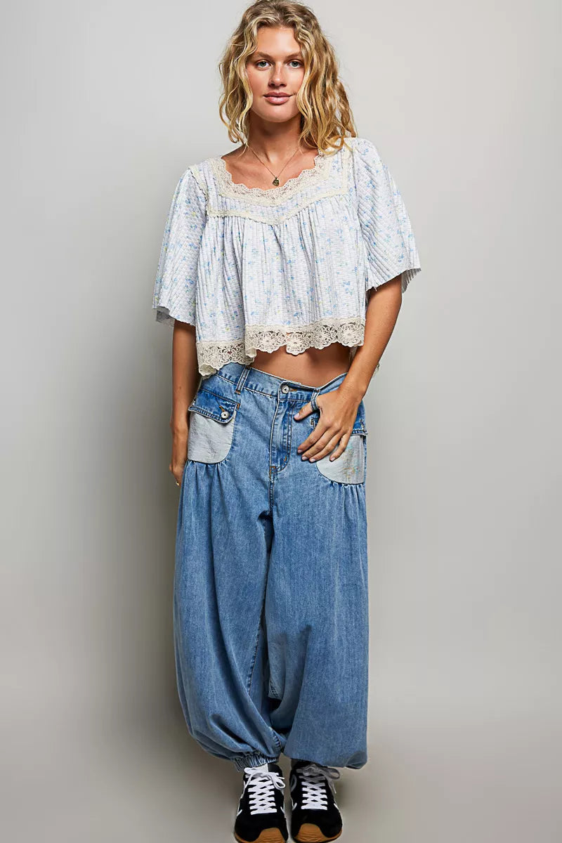 POL Floral Print Lace Trim Blouse