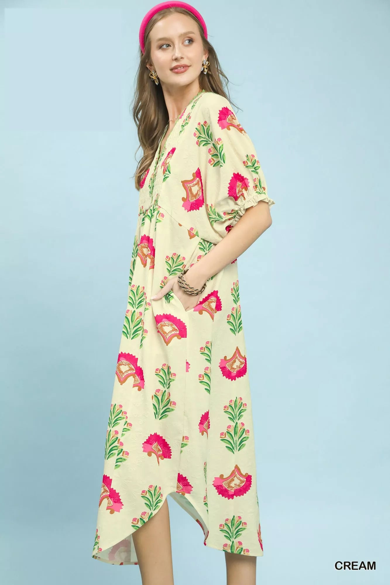 Umgee Abstract Print V-Neck Midi Dress