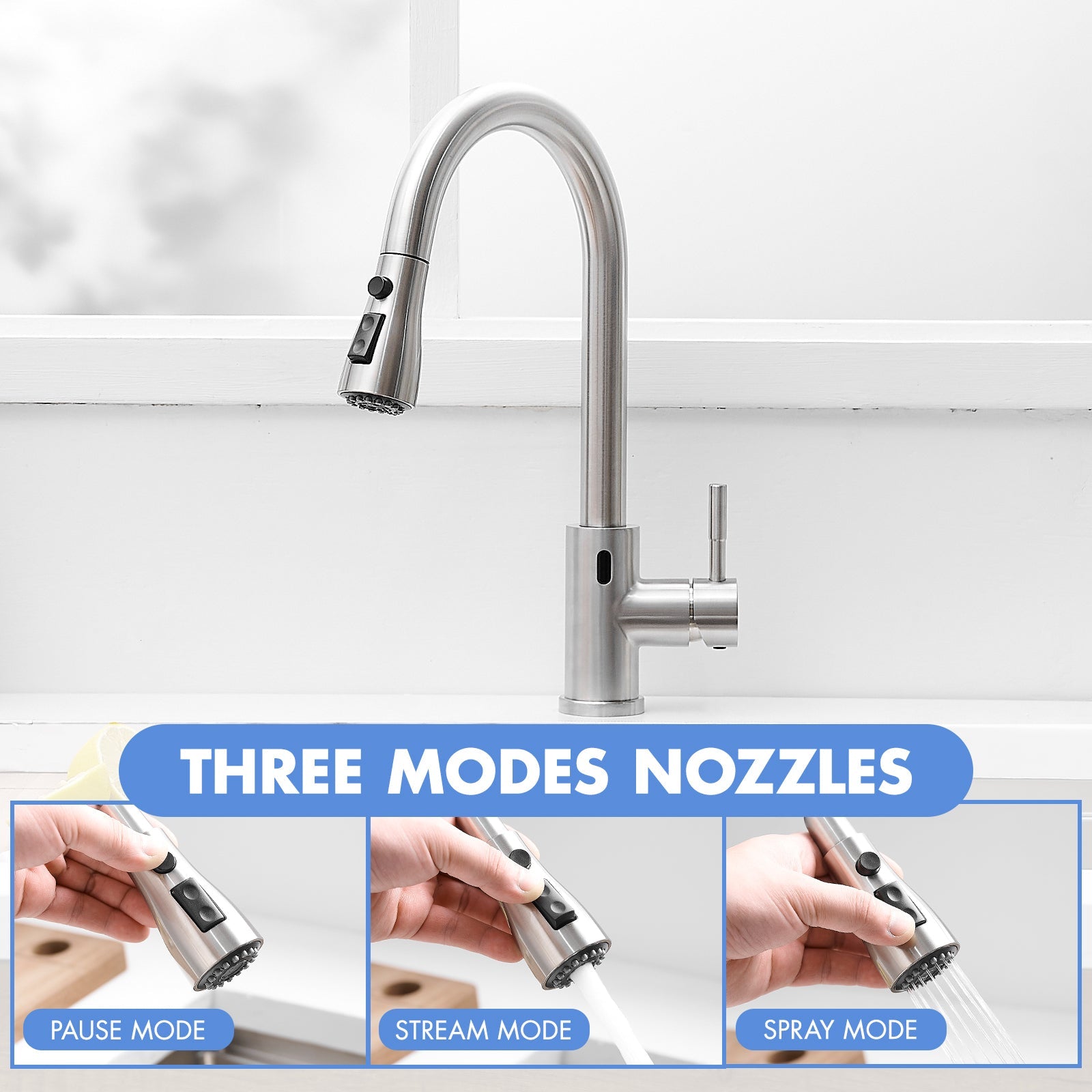 Touchless Kitchen Faucet, Hands Free Automatic Smart Kitchen Faucet, Stainless Steel Touchless Kitchen Faucet