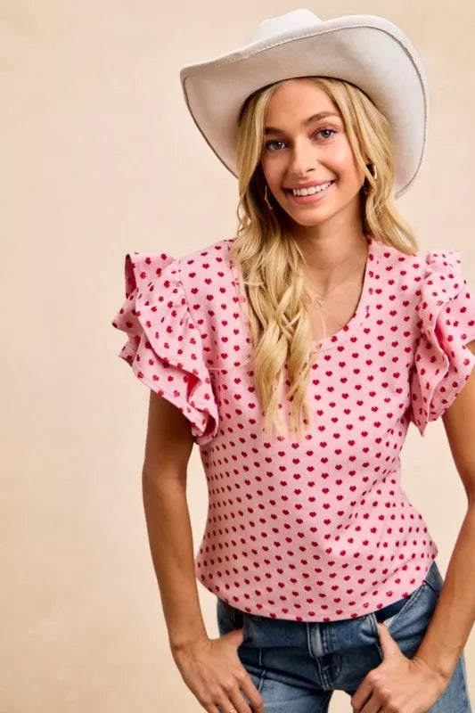 BiBi Heart Patterned Knit Ruffled Sleeves Top