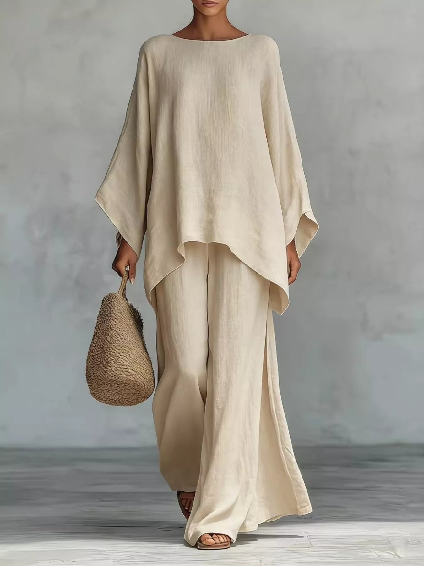 Full Size Round Neck Top and Wide Leg Pants Set Plus Size