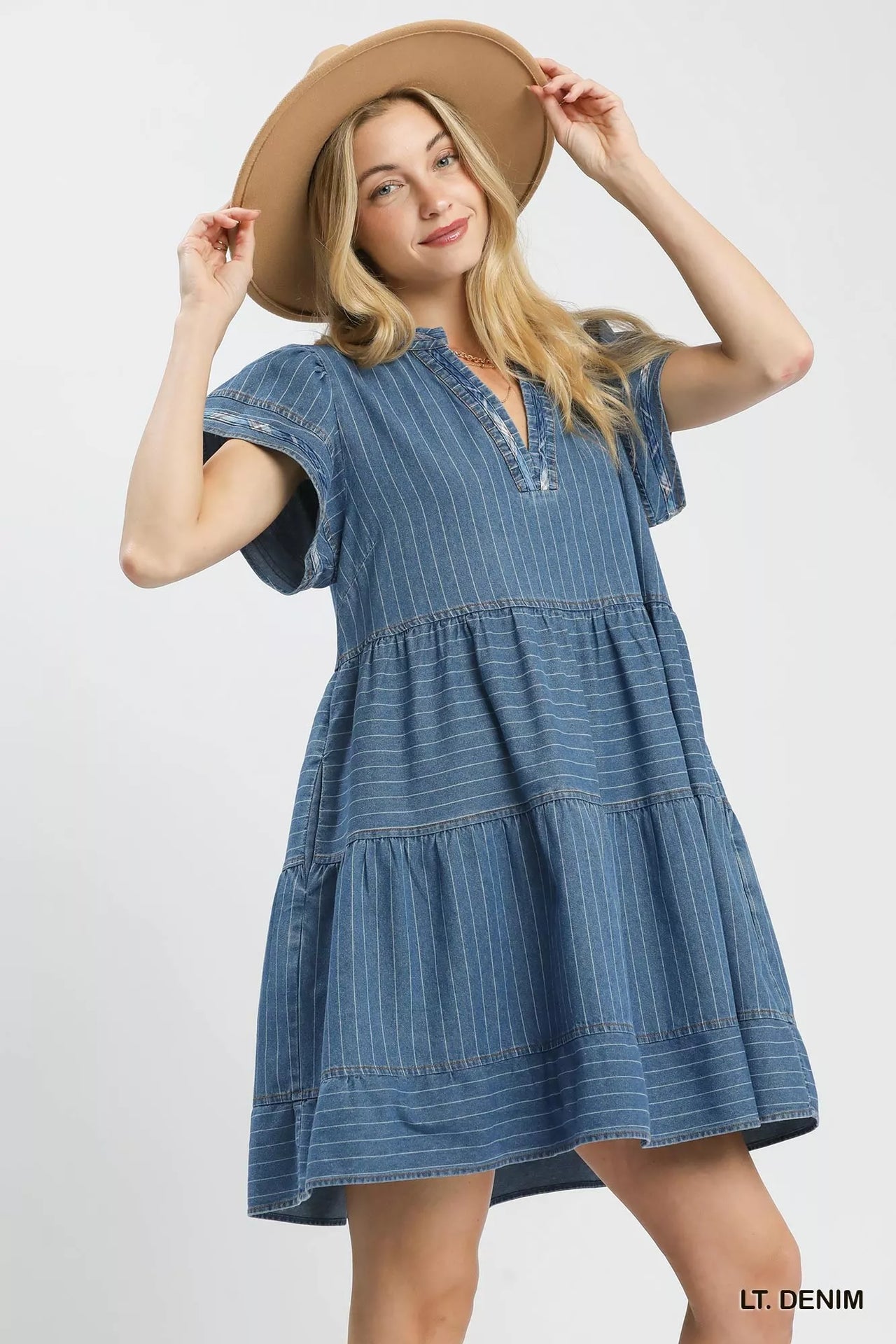Umgee Chambray Tiered Babydoll Dress