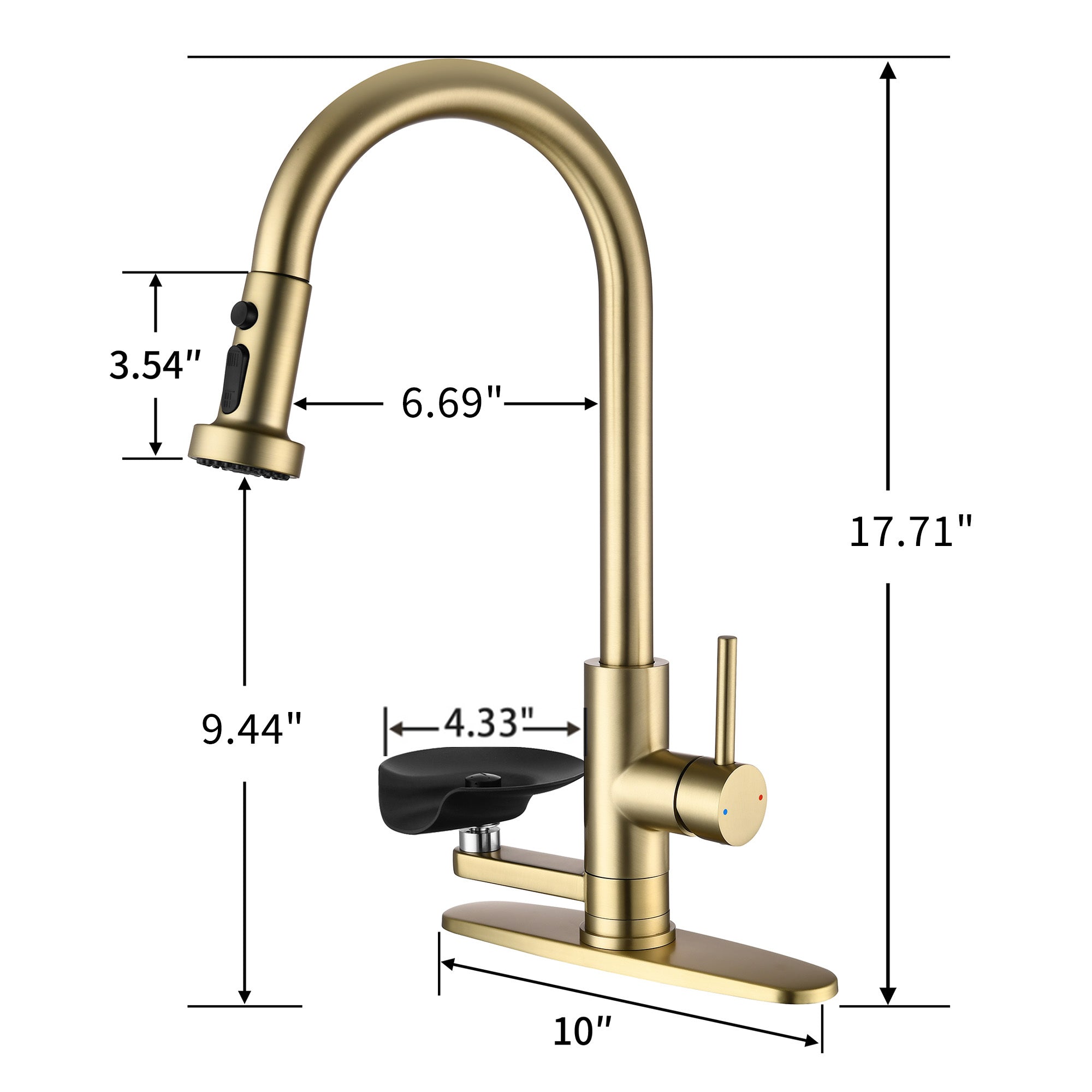 3-in-1 Kitchen Faucet with Press-Type Glass Rinser, Brushed Gold Finish, High-Arc Pull-Down Sprayer, Universal for 1 & 3 Holes, Stainless Steel and ABS Construction