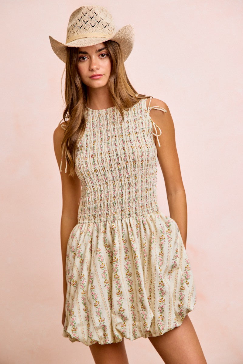 BiBi Floral Bow Tie Attachable Puff Sleeves Dress