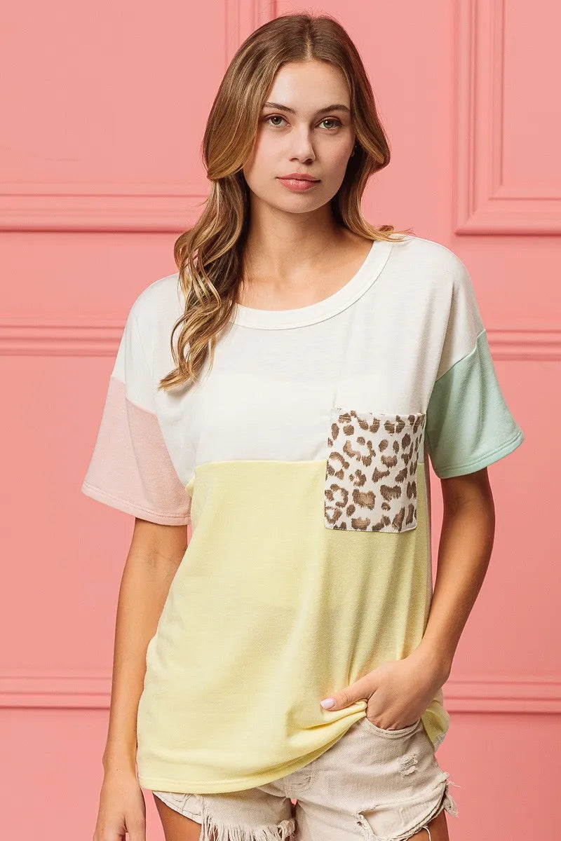BiBi Leopard Front Pocket Ft Color Block Crew Neck Top